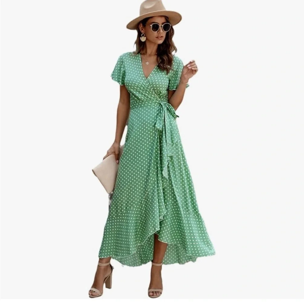 Green & White Flowing Polka Dot Wrap Dress Size Small Snap Top - Picture 9 of 9